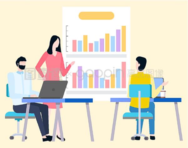 男女經(jīng)紀(jì)人分析交易并討論商業(yè)圖表上的銷售統(tǒng)計數(shù)據(jù)。矢量卡通人物和圖表。